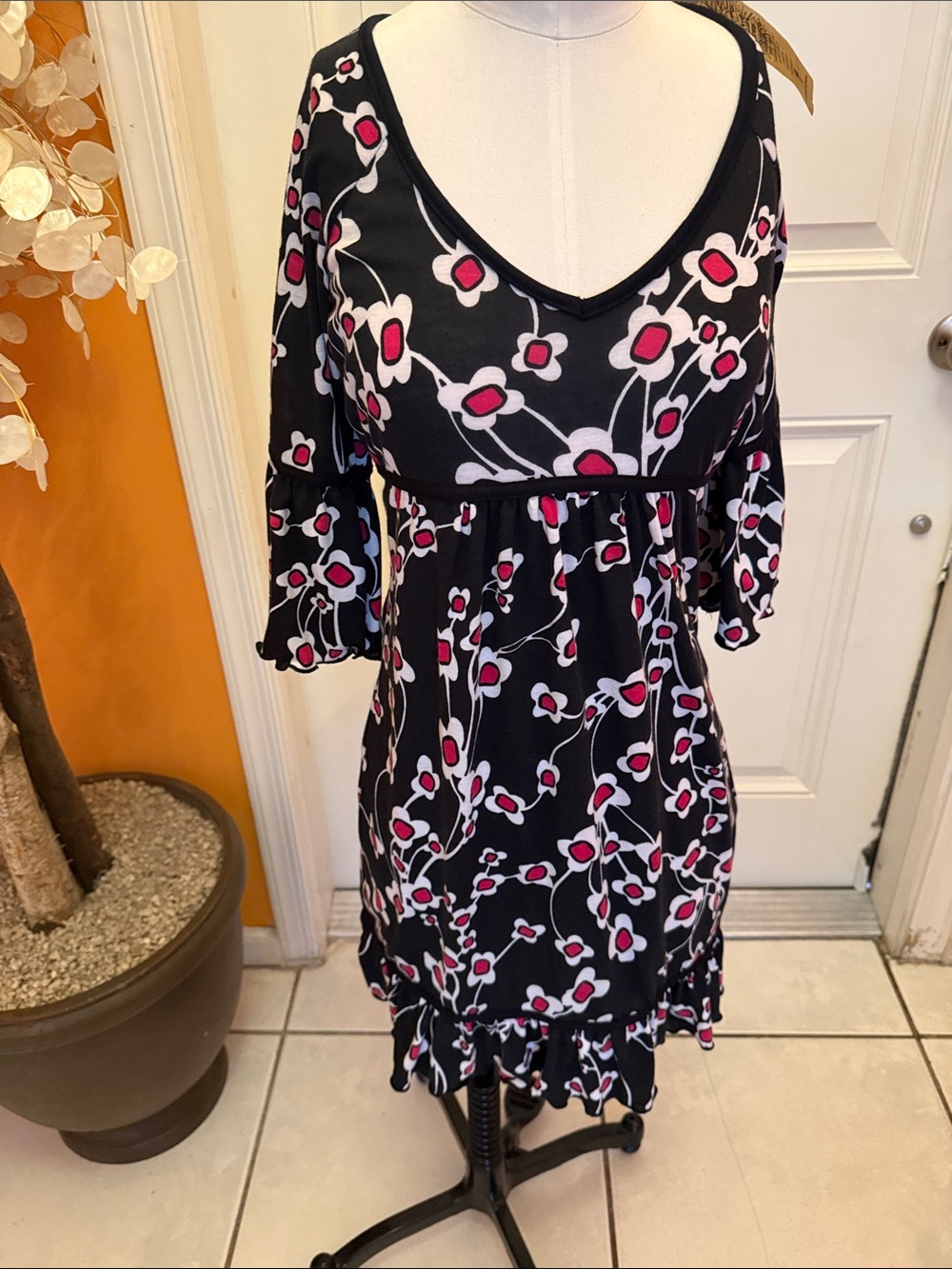 Buffalo David Bitton Black Midi Dress with Pink & White Floral Print